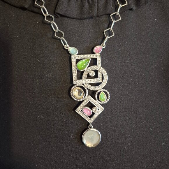 Vintage Butler Geometric Coloured Gemstone Necklace and Earrings Set Signed - Picture 4 of 15